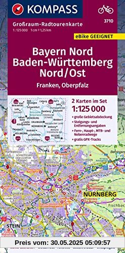 KOMPASS Großraum-Radtourenkarte 3710 Bayern Nord, Baden-Württemberg Nord/Ost 1:125.000: 2 Karten im Set, reiß- und wetterfest, GPX-Daten zum Download