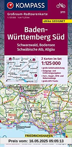 KOMPASS Großraum-Radtourenkarte 3711 Baden-Württemberg Süd, Schwarzwald, Bodensee, Schwäbische Alb, Allgäu 1:125.000: 2 Karten im Set, reiß- und wetterfest, GPX-Daten zum Download