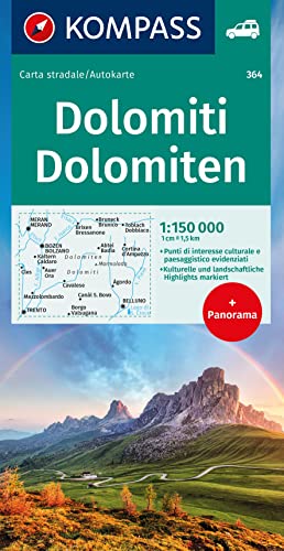 KOMPASS Autokarte Dolomiti, Dolomiten, Dolomites 1:150.000: mit Panorama, kulturelle und landschaftliche Highlights eingezeichnet von Kompass-Karten