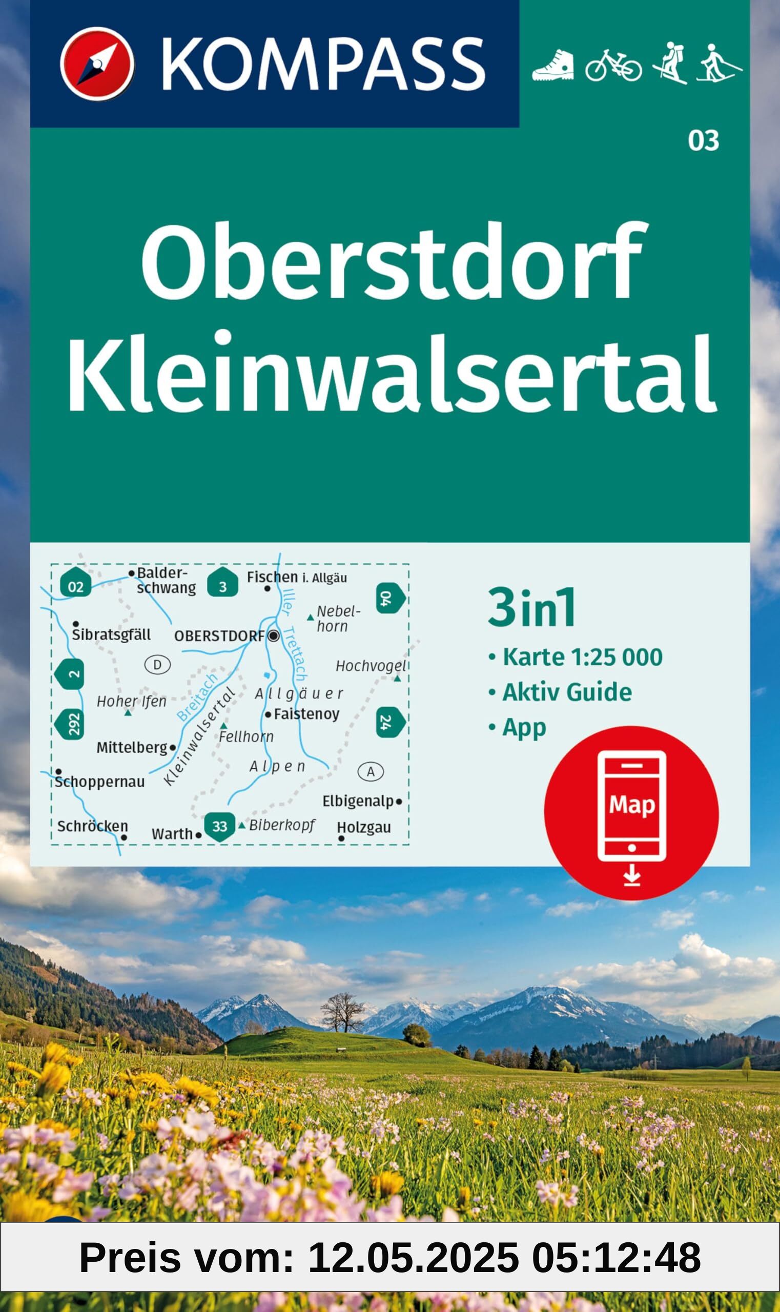 KOMPASS Wanderkarte 03 Oberstdorf, Kleinwalsertal 1:25.000: 3in1 Wanderkarte mit Aktiv Guide inklusive Karte zur offline Verwendung in der KOMPASS-App. Fahrradfahren. Skitouren. Langlaufen.
