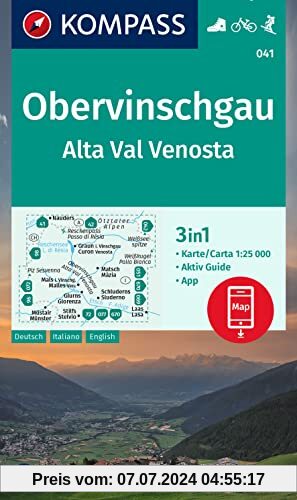 KOMPASS Wanderkarte 041 Obervinschgau / Alta Val Venosta 1:25.000: 3in1 Wanderkarte mit Aktiv Guide inklusive Karte zur offline Verwendung in der KOMPASS-App. Fahrradfahren. Skitouren.