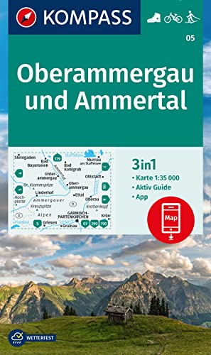 KOMPASS Wanderkarte 05 Oberammergau und Ammertal 1:35.000: 3in1 Wanderkarte, mit Aktiv Guide inklusive Karte zur offline Verwendung in der KOMPASS-App. Fahrradfahren. Langlaufen. von KOMPASS-KARTEN