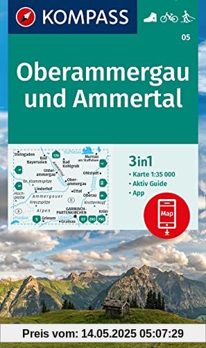KOMPASS Wanderkarte 05 Oberammergau und Ammertal 1:35.000: 3in1 Wanderkarte, mit Aktiv Guide inklusive Karte zur offline Verwendung in der KOMPASS-App. Fahrradfahren. Langlaufen.