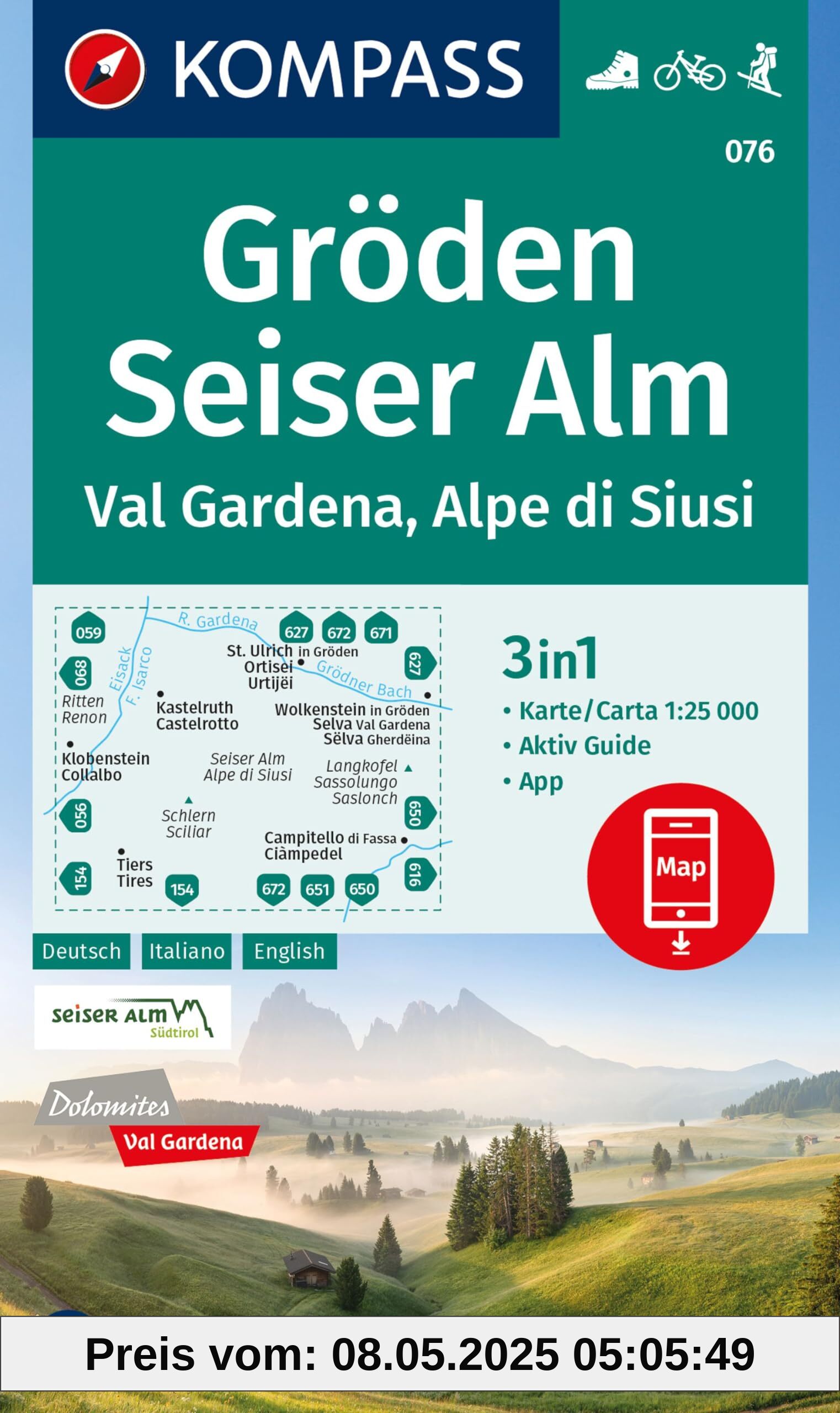 KOMPASS Wanderkarte 076 Gröden, Seiser Alm / Val Gardena, Alpe di Siusi 1:25.000: 4in1 Wanderkarte mit Aktiv Guide und Detailkarten inklusive Karte ... Fahrradfahren. Skitouren. Langlaufen.