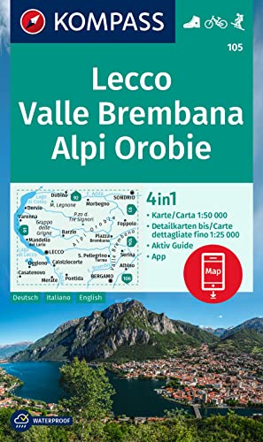 KOMPASS Wanderkarte 105 Lecco, Valle Brembana, Alpi Orobie 1:50.000: 4in1 Wanderkarte mit Aktiv Guide und Detailkarten inklusive Karte zur offline ... in der KOMPASS-App. Fahrradfahren. Skitouren. von KOMPASS-KARTEN