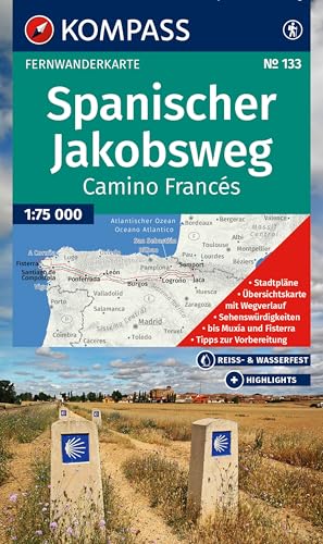 KOMPASS Wanderkarte 133 Spanischer Jakobsweg, Camino Francés 1:100.000: Fernwanderweg: von den Pyrenäen nach Santiago de Compostela und Cabo Fisterra von KOMPASS-KARTEN