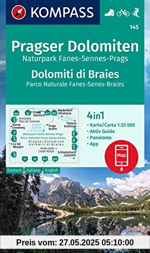 KOMPASS Wanderkarte 145 Pragser Dolomiten, Naturpark Fanes-Sennes-Prags, Dolomiti di Braies, Parco Naturale Fanes-Senes-Braies 1:25.000: 4in1 ... in der KOMPASS-App. Fahrradfahren. Skitouren.