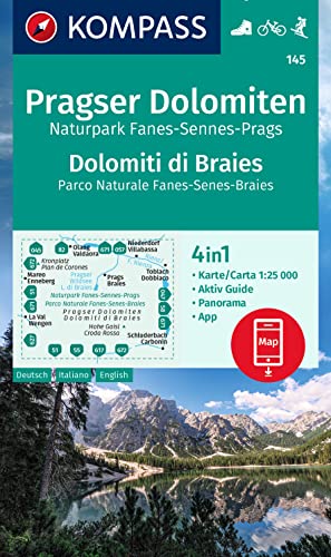 KOMPASS Wanderkarte 145 Pragser Dolomiten, Naturpark Fanes-Sennes-Prags, Dolomiti di Braies, Parco Naturale Fanes-Senes-Braies 1:25.000: 4in1 ... in der KOMPASS-App. Fahrradfahren. Skitouren.