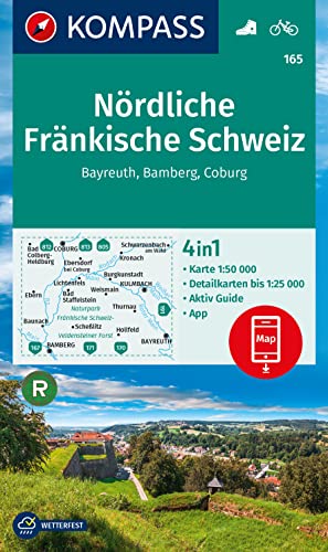 KOMPASS Wanderkarte 165 Nördliche Fränkische Schweiz, Bayreuth, Bamberg, Coburg 1:50.000: 4in1 Wanderkarte mit Aktiv Guide und Detailkarten inklusive ... Verwendung in der KOMPASS-App. Fahrradfahren. von KOMPASS-KARTEN