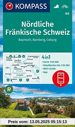KOMPASS Wanderkarte 165 Nördliche Fränkische Schweiz, Bayreuth, Bamberg, Coburg 1:50.000: 4in1 Wanderkarte mit Aktiv Guide und Detailkarten inklusive ... Verwendung in der KOMPASS-App. Fahrradfahren.