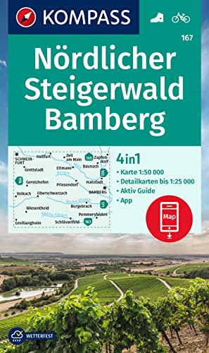 KOMPASS Wanderkarte 167 Nördlicher Steigerwald, Bamberg 1:50.000: 4in1 Wanderkarte mit Aktiv Guide und Detailkarten inklusive Karte zur offline Verwendung in der KOMPASS-App. Fahrradfahren. von KOMPASS-KARTEN