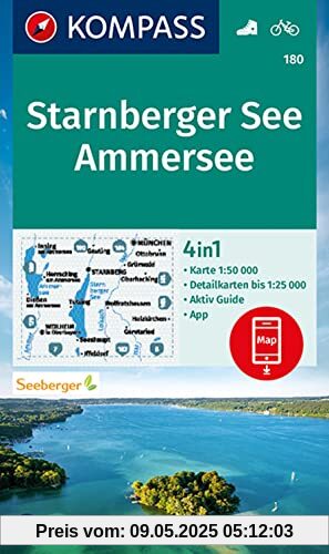 KOMPASS Wanderkarte 180 Starnberger See, Ammersee: 4in1 Wanderkarte 1:50000 mit Aktiv Guide und Detailkarten inklusive Karte zur offline Verwendung in ... (KOMPASS-Wanderkarten, Band 180)