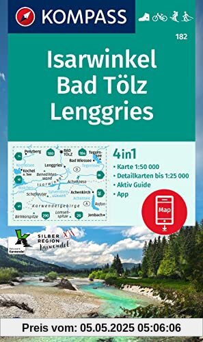 KOMPASS Wanderkarte 182 Isarwinkel, Bad Tölz, Lenggries 1:50.000: 4in1 Wanderkarte, mit Aktiv Guide und Detailkarten inklusive Karte zur offline ... Fahrradfahren. Skitouren. Langlaufen.