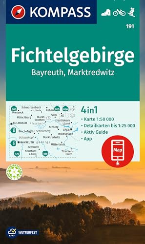 KOMPASS Wanderkarte 191 Fichtelgebirge, Bayreuth, Marktredwitz 1:50.000: 4in1 Wanderkarte mit Aktiv Guide und Detailkarten inklusive Karte zur offline ... der KOMPASS-App. Fahrradfahren. Langlaufen. von KOMPASS-KARTEN