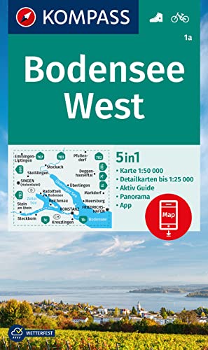 KOMPASS Wanderkarte 1a Bodensee West 1:50.000: 5in1 Wanderkarte mit Aktiv Guide, Detailkarten und Panorama inklusive Karte zur offline Verwendung in der KOMPASS-App. Fahrradfahren.