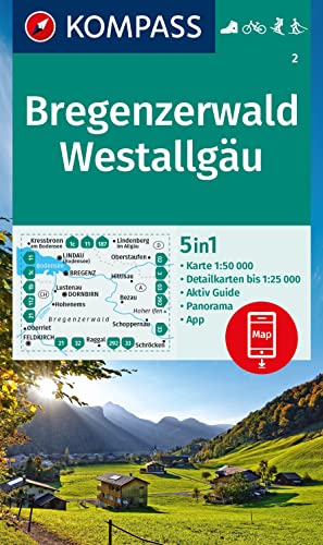 KOMPASS Wanderkarte 2 Bregenzerwald, Westallgäu 1:50.000: 5in1 Wanderkarte mit Aktiv Guide, Detailkarten und Panorama inklusive Karte zur offline ... Fahrradfahren. Skitouren. Langlaufen.