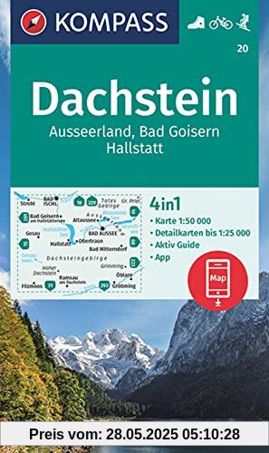 KOMPASS Wanderkarte 20 Dachstein, Ausseerland, Bad Goisern, Hallstatt 1:50000: 4in1 Wanderkarte mit Aktiv Guide und Detailkarten inklusive Karte zur ... Skitouren. (KOMPASS-Wanderkarten, Band 20)