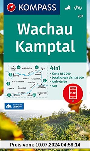 KOMPASS Wanderkarte 207 Wachau, Kamptal: 4in1 Wanderkarte 1:50000 mit Aktiv Guide und Detailkarten inklusive Karte zur offline Verwendung in der ... (KOMPASS-Wanderkarten, Band 207)