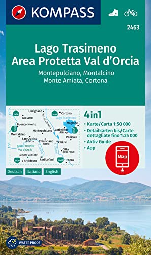 KOMPASS Wanderkarte 2463 Lago Trasimeno, Area Protetta Val d' Orcia, Montepulciano, Montalcino, Monte Amiata, Cortona 1:50.000: 4in1 Wanderkarte, mit ... Verwendung in der KOMPASS-App. Fahrradfahren.