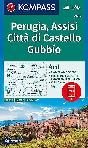 KOMPASS Wanderkarte 2464 Perugia, Assisi, Città di Castello, Gubbio 1:50.000: 4in1 Wanderkarte mit Aktiv Guide und Detailkarten inklusive Karte zur ... Verwendung in der KOMPASS-App. Fahrradfahren.