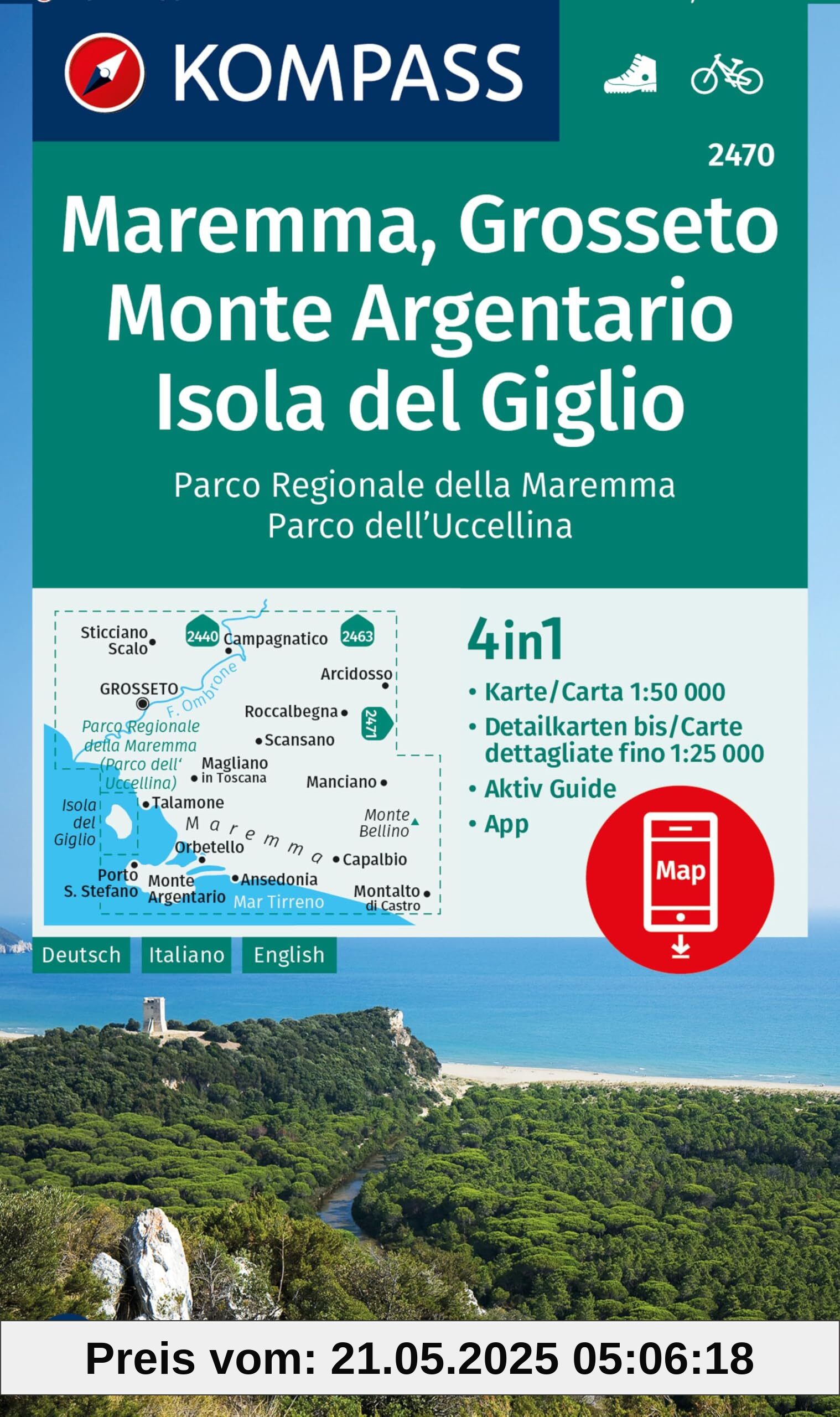 KOMPASS Wanderkarte 2470 Maremma, Grosseto, Monte Argentario, Isola del Giglio 1:50.000: 4in1 Wanderkarte mit Aktiv Guide und Detailkarten inklusive ... Verwendung in der KOMPASS-App. Fahrradfahren.