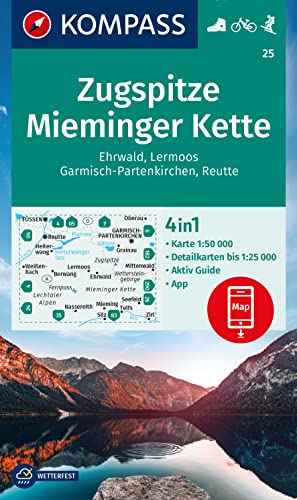 KOMPASS Wanderkarte 25 Zugspitze, Mieminger Kette, Ehrwald, Lermoos, Garmisch-Partenkirchen, Reutte 1:50.000: 4in1 Wanderkarte, mit Aktiv Guide und ... in der KOMPASS-App. Fahrradfahren. Skitouren.