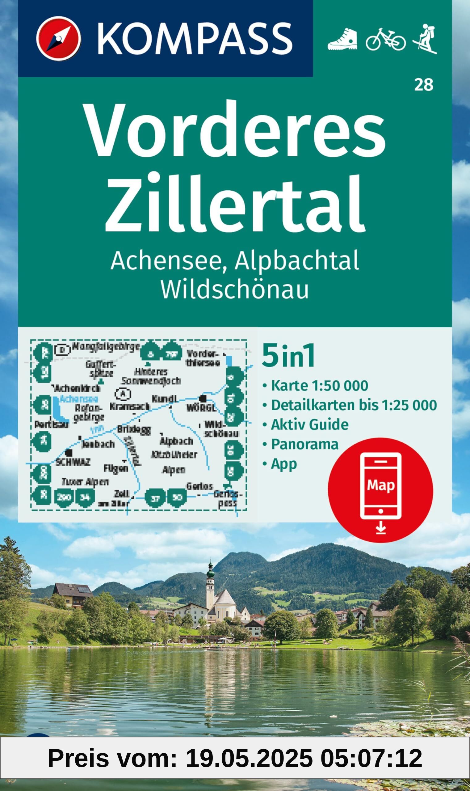 KOMPASS Wanderkarte 28 Vorderes Zillertal 1:50.000: markierte Wanderwege, Hütten, Radrouten