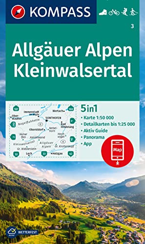 KOMPASS Wanderkarte 3 Allgäuer Alpen, Kleinwalsertal 1:50.000: 4in1 Wanderkarte mit Aktiv Guide und 1:25000 Karten, inklusive Kartenbereich zur ... in der KOMPASS-App. Fahrradfahren. Skitouren.