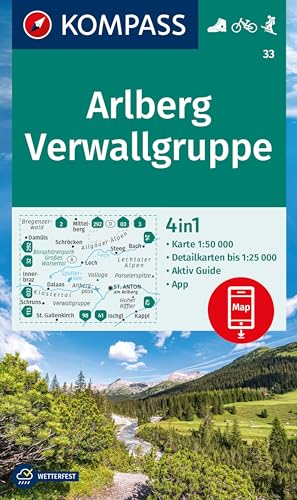 KOMPASS Wanderkarte 33 Arlberg, Verwallgruppe 1:50.000: 4in1 Wanderkarte mit Aktiv Guide und Detailkarten inklusive Karte zur offline Verwendung in der KOMPASS-App. Fahrradfahren. Skitouren. von Kompass