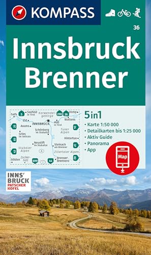 KOMPASS Wanderkarte 36 Innsbruck, Brenner 1:50.000: 5in1 Wanderkarte mit Panorama, Aktiv Guide und Detailkarten inklusive Karte zur offline Verwendung in der KOMPASS-App. Fahrradfahren. Skitouren.