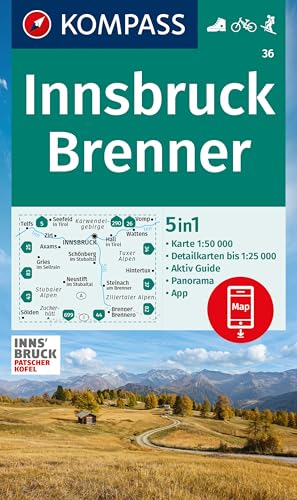 KOMPASS Wanderkarte 36 Innsbruck, Brenner 1:50.000: 5in1 Wanderkarte mit Panorama, Aktiv Guide und Detailkarten inklusive Karte zur offline Verwendung in der KOMPASS-App. Fahrradfahren. Skitouren.