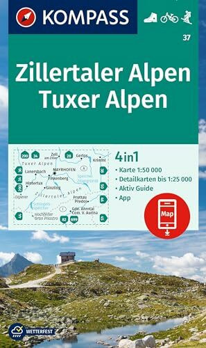 KOMPASS Wanderkarte 37 Zillertaler Alpen, Tuxer Alpen 1:50.000: 4in1 Wanderkarte , mit Aktiv G...