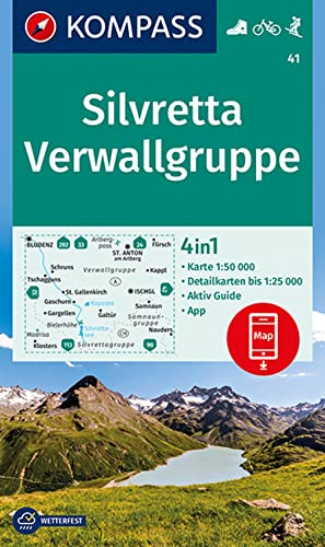 KOMPASS Wanderkarte 41 Silvretta, Verwallgruppe 1:50.000: 4in1 Wanderkarte, mit Aktiv Guide und Detailkarten inklusive Karte zur offline Verwendung in der KOMPASS-App. Fahrradfahren. Skitouren.