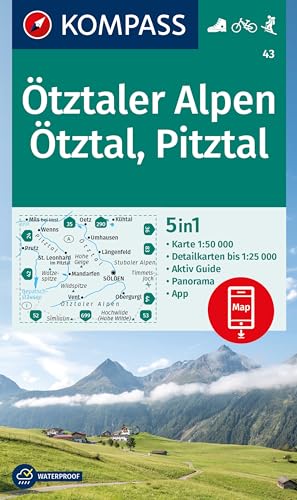 KOMPASS Wanderkarte 43 Ötztaler Alpen, Ötztal, Pitztal 1:50.000: 5in1 Wanderkarte mit Panorama, Aktiv Guide und 1:25000 Karten, inklusive ... in der KOMPASS-App. Fahrradfahren. Skitouren. KOMPASS Wanderkarte 43 Ötztaler Alpen, Ötztal, Pitztal 1:50.000: 5in1 Wanderkarte mit Panorama, Aktiv Guide und 1:25000 Karten, inklusive ... in der KOMPASS-App. Fahrradfahren. Skitouren.
