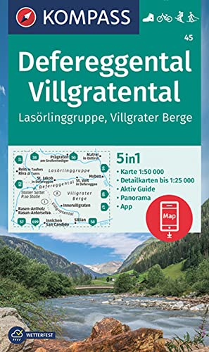 KOMPASS Wanderkarte 45 Defereggental, Villgratental, Lasörlinggruppe, Villgrater Berge 1:50.000: 5in1 Wanderkarte mit Panorama, Aktiv Guide und ... Fahrradfahren. Skitouren. Langlaufen. von KOMPASS-KARTEN