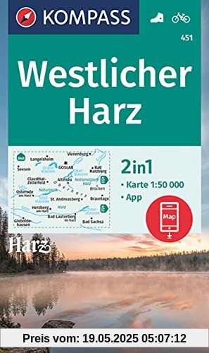 KOMPASS Wanderkarte 451 Westlicher Harz 1:50000: Wanderkarte mit Aktiv Guide und Radwegen. GPS-genau. (KOMPASS-Wanderkarten, Band 451)