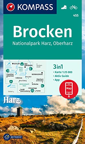 KOMPASS Wanderkarte 455 Brocken, Nationalpark Harz, Oberharz 1:25.000: 3in1 Wanderkarte, mit Aktiv Guide inklusive Karte zur offline Verwendung in der KOMPASS-App. Fahrradfahren. von KOMPASS-KARTEN