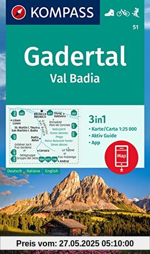 KOMPASS Wanderkarte 51 Gadertal / Val Badia 1:25.000: 3in1 Wanderkarte, mit Aktiv Guide inklusive Karte zur offline Verwendung in der KOMPASS-App. Fahrradfahren. Skitouren. KOMPASS Wanderkarte 51 Gadertal / Val Badia 1:25.000: 3in1 Wanderkarte, mit Aktiv Guide inklusive Karte zur offline Verwendung in der KOMPASS-App. Fahrradfahren. Skitouren.