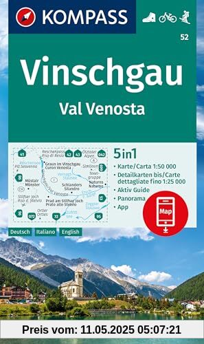 KOMPASS Wanderkarte 52 Vinschgau / Val Venosta 1:50.000: 5in1 Wanderkarte mit Aktiv Guide, Detailkarten und Panorama inklusive Karte zur offline ... in der KOMPASS-App. Fahrradfahren. Skitouren.