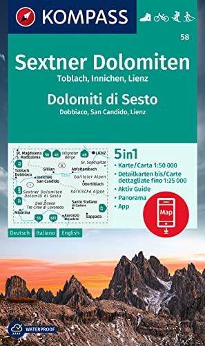 KOMPASS Wanderkarte 58 Sextner Dolomiten, Toblach, Innichen, Lienz / Dolomit di Sesto, Dobbiaco, San Candido, Lienz 1:50.000: 5in1 Wanderkarte, mit ... Fahrradfahren. Skitouren. Langlaufen. von KOMPASS-KARTEN