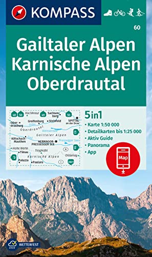 KOMPASS Wanderkarte 60 Gailtaler Alpen, Karnische Alpen, Oberdrautal 1:50.000: 5in1 Wanderkarte, mit Panorama, Aktiv Guide und Detailkarten inklusive ... Fahrradfahren. Skitouren. Langlaufen. KOMPASS Wanderkarte 60 Gailtaler Alpen, Karnische Alpen, Oberdrautal 1:50.000: 5in1 Wanderkarte, mit Panorama, Aktiv Guide und Detailkarten inklusive ... Fahrradfahren. Skitouren. Langlaufen.