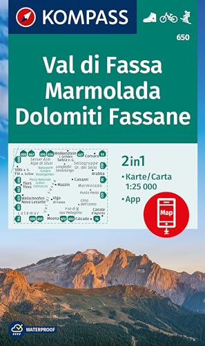 KOMPASS Wanderkarte 650 Val di Fassa, Marmolada, Dolomiti Fassane 1:25.000: markierte Wanderwege, Hütten, Radrouten von KOMPASS-KARTEN