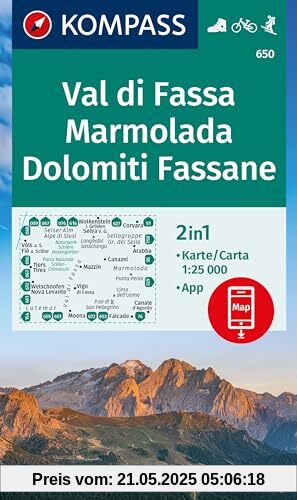 KOMPASS Wanderkarte 650 Val di Fassa, Marmolada, Dolomiti Fassane 1:25.000: markierte Wanderwege, Hütten, Radrouten