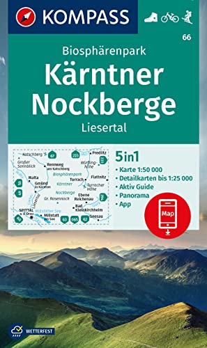 KOMPASS Wanderkarte 66 Biosphärenpark Kärntner Nockberge, Liesertal 1:50.000: 5in1 Wanderkarte mit Panorama, Aktiv Guide und Detailkarten inklusive ... in der KOMPASS-App. Fahrradfahren. Skitouren. KOMPASS Wanderkarte 66 Biosphärenpark Kärntner Nockberge, Liesertal 1:50.000: 5in1 Wanderkarte mit Panorama, Aktiv Guide und Detailkarten inklusive ... in der KOMPASS-App. Fahrradfahren. Skitouren.