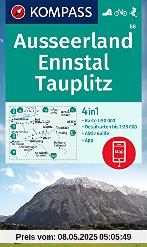 KOMPASS Wanderkarte 68 Ausseerland, Ennstal, Tauplitz 1:50000: 4in1 Wanderkarte mit Aktiv Guide und Detailkarten inklusive Karte zur offline Verwendung in der KOMPASS-App. Fahrradfahren. Skitouren.