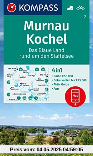 KOMPASS Wanderkarte 7 Murnau, Kochel - Das blaue Land rund um den Staffelsee 1:50.000: 4in1 Wanderkarte mit Aktiv Guide und Detailkarten inklusive ... Verwendung in der KOMPASS-App. Fahrradfahren.