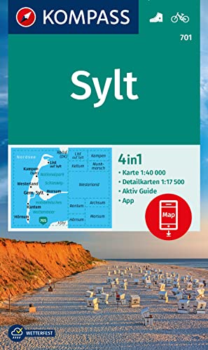 KOMPASS Wanderkarte 701 Sylt mit Ortsplänen 1:40.000: 4in1 Wanderkarte, mit Aktiv Guide und Ortsplänen inklusive Karte zur offline Verwendung in der KOMPASS-App. Fahrradfahren.