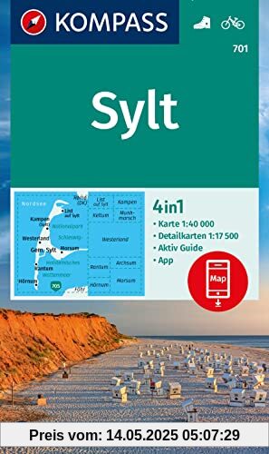 KOMPASS Wanderkarte 701 Sylt mit Ortsplänen 1:40.000: 4in1 Wanderkarte, mit Aktiv Guide und Ortsplänen inklusive Karte zur offline Verwendung in der KOMPASS-App. Fahrradfahren.