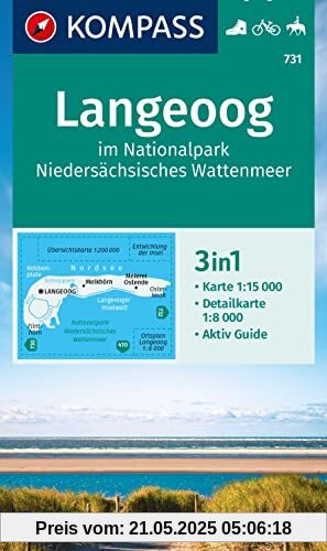 KOMPASS Wanderkarte 731 Langeoog im Nationalpark Niedersächsisches Wattenmeer 1:15.000: 3in1 Wanderkarte, mit Aktiv Guide und Detailkarte. Fahrradfahren. Reiten.