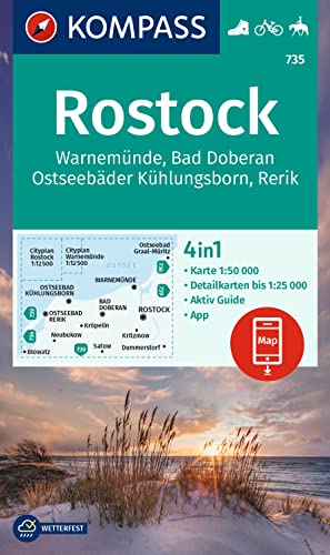 KOMPASS Wanderkarte 735 Rostock, Warnemünde, Bad Doberan, Ostseebäder Kühlungsborn, Rerik 1:50.000: 4in1 Wanderkarte, mit Aktiv Guide und Detailkarten ... in der KOMPASS-App. Fahrradfahren. Reiten. von KOMPASS-KARTEN